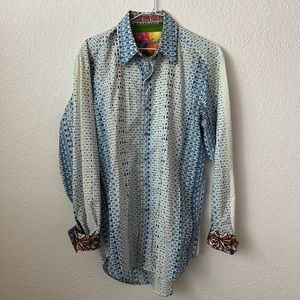 Robert Graham White/Blue L Long Sleeve Geometric Button Up Collared Shirt Size M